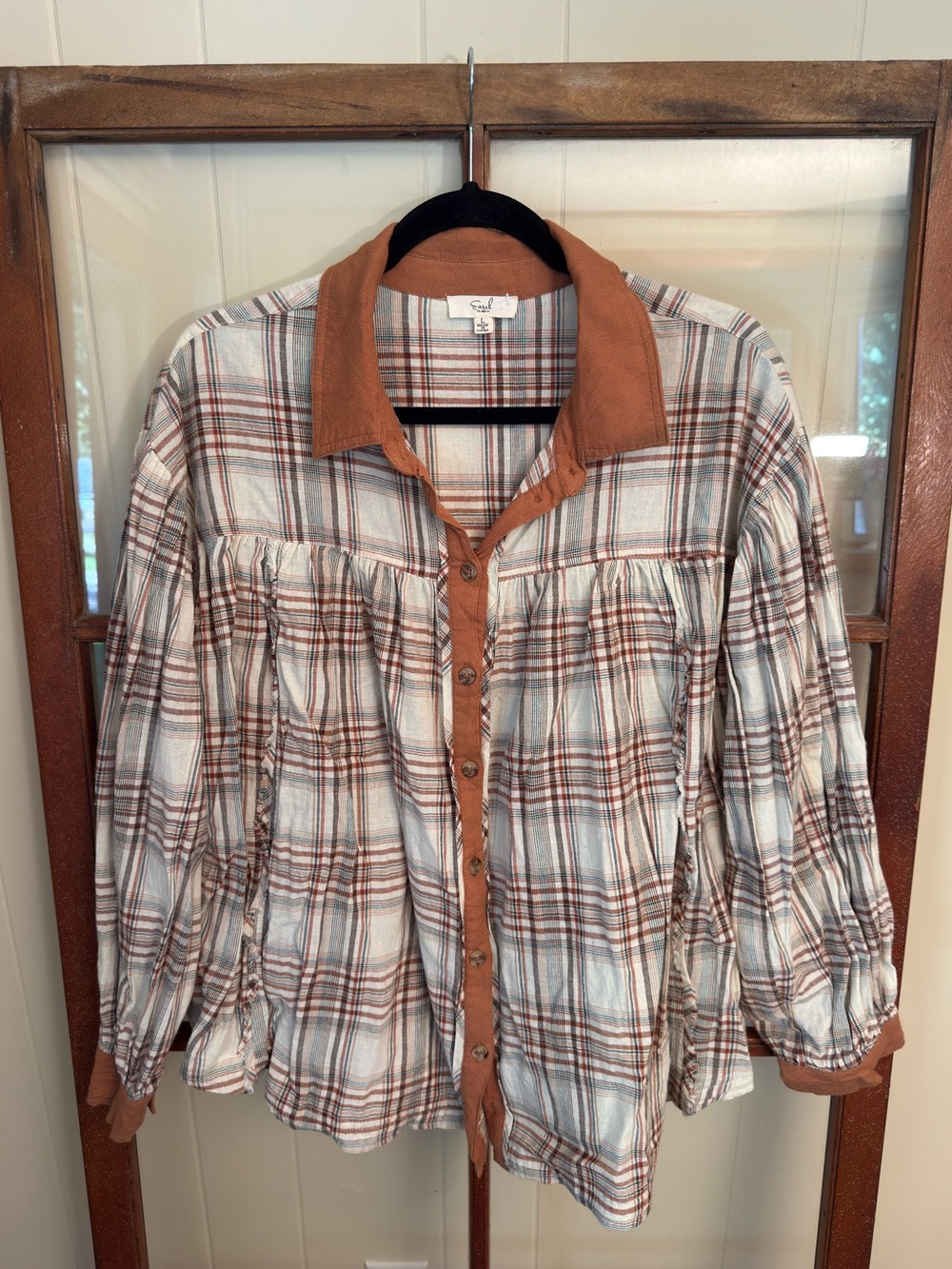 Easel Plaid Button Down Blouse Large Fall Autumn Rustic Boho Tunic Farmhouse
